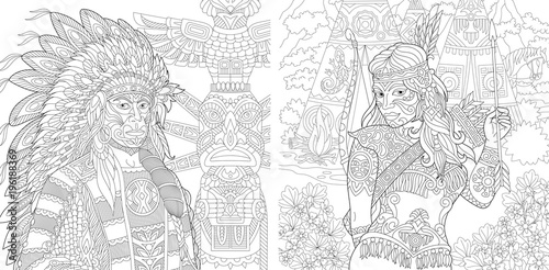 Coloring Page. Adult Coloring Book. Native American Indian Chief and Apache Woman. Navajo ethnicity. Boho tribal culture. Antistress freehand sketch collection with doodle and zentangle elements.