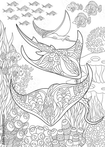 Coloring page for adult colouring book. Underwater background with stingray shoal, tropical fishes and ocean plants. Antistress freehand sketch drawing with doodle and zentangle elements.