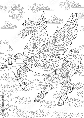Wallpaper Mural Coloring page for adult colouring book. Pegasus - Greek mythological winged horse flying. Antistress freehand sketch drawing with doodle and zentangle elements. Torontodigital.ca