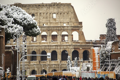 Colosseum and Fori imperiali, snow in Rome