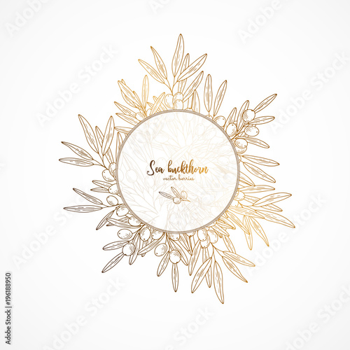 Gold vintage illustration with sea buckthorn. Engraved style. Healthy food design template with berries. Gold template design for menu, promotion, advertising, greeting cards, cosmetics packaging.