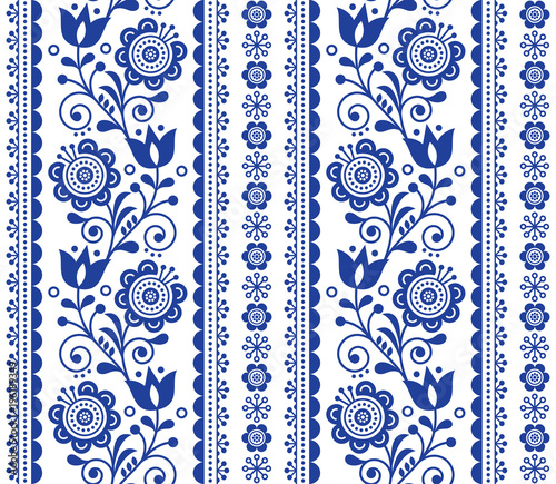 Scandinavian seamless vector pattern with flowers, Nordic folk art repetitive navy blue ornament 