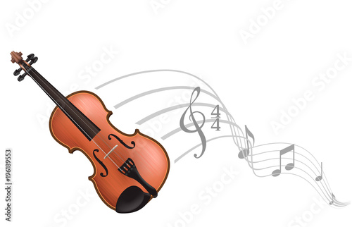 Vector illustration of Violin isolated and Musical notes on white background.