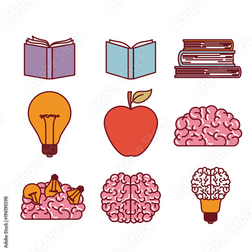 books brains lighbulb and apple silhouettes set in white background vector illustration
