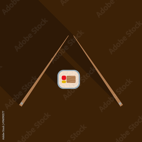 chopsticks holding sushi roll. concept of snack, susi, exotic nutrition, sushi restaurant, sea food. isolated on background. flat style trend modern logotype design vector illustration
