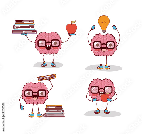 brain cartoon set with glasses and books and apple and light bulb in white background vector illustration