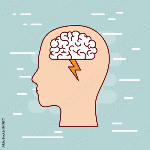 head silhouette with brain and lightning in white background light blue vector illustration