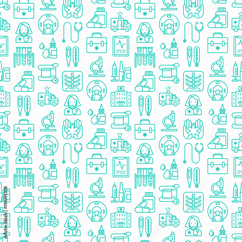 Medicine seamless pattern with thin line icons: doctor, ambulance, stethoscope, microscope, thermometer, hospital, z-ray image, MRI scanner, tonometer. Vector illustration for medical survey, report.
