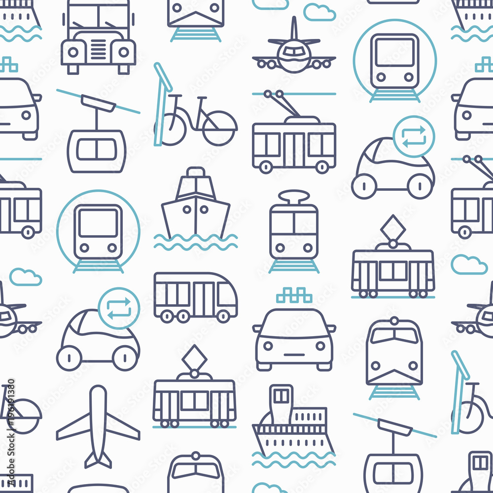 Public transport seamless pattern with thin line icons: train, bus, taxi, ship, ferry, trolleybus, tram, car sharing. Front and side view. Modern vector illustration.