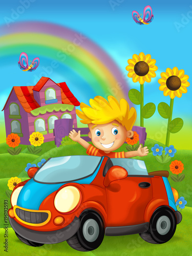 cartoon scene with child - boy - in toy car on on the farm - illustration for children