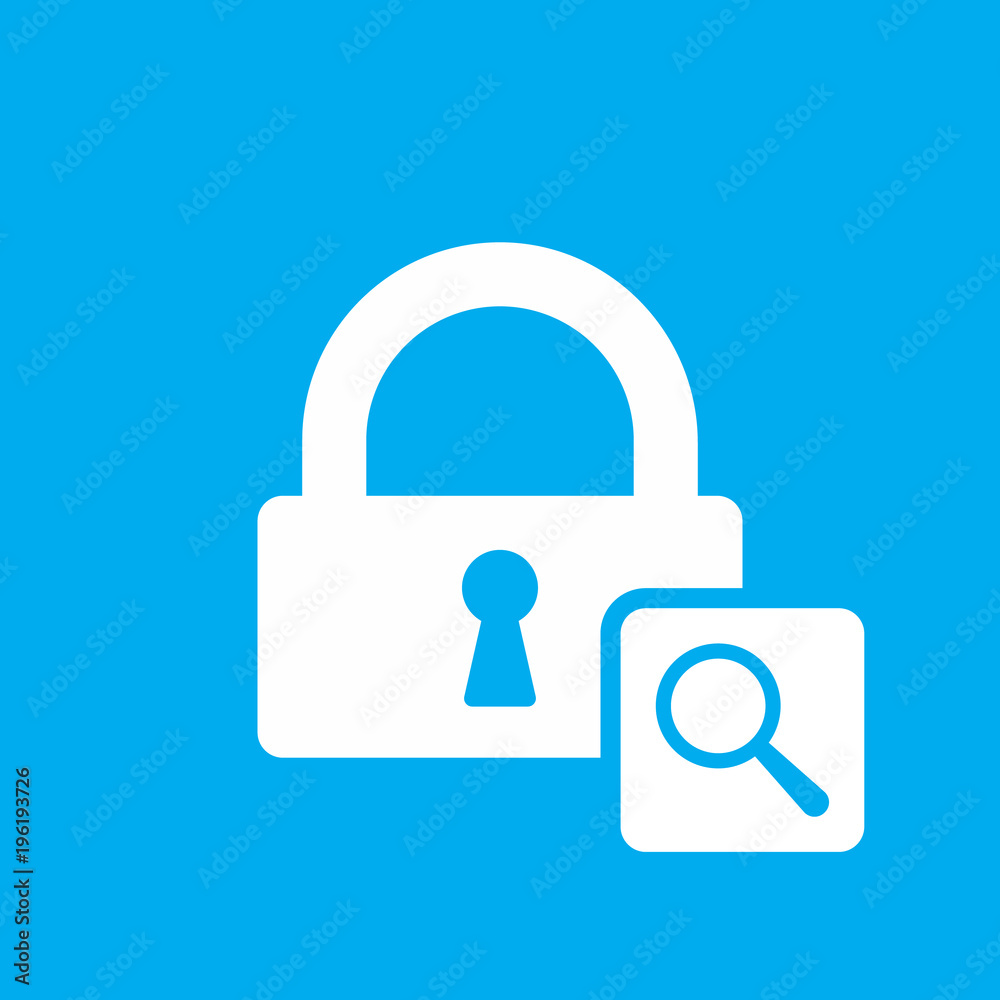 Lock icon with research sign. Lock icon and explore, find, inspect symbol Lock icon with research sign. Lock icon and explore, find, inspect symbol
