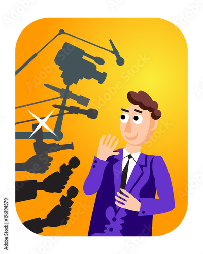 Interview. Vector illustration. Speaker man. Press conference. Hands with microphone. News. Live report, live news. Many hands of journalists with microphones and cameras.
