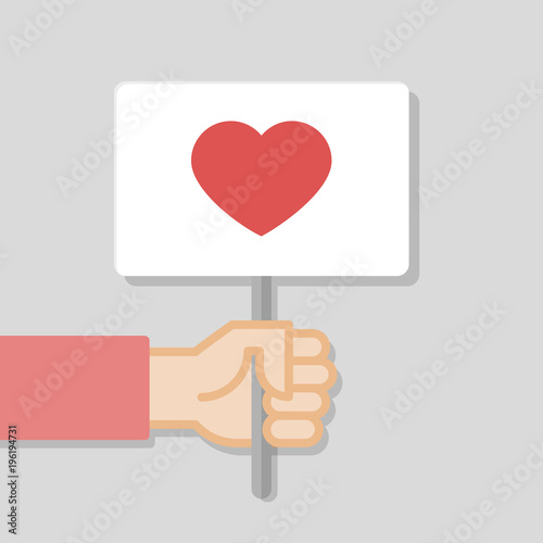 Hand holding white board. Banner with minimal icon. Heart shape. Concept of protest. Vector illustration, flat style.