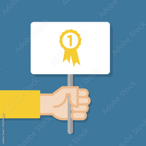 Hand holding white board. Banner with minimal icon. Concept of protest. Vector illustration, flat style.