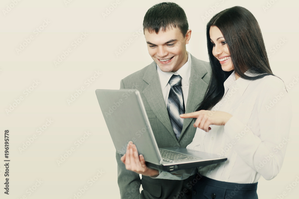 meeting business partners with a laptop on white background meeting business partners with a laptop on white background