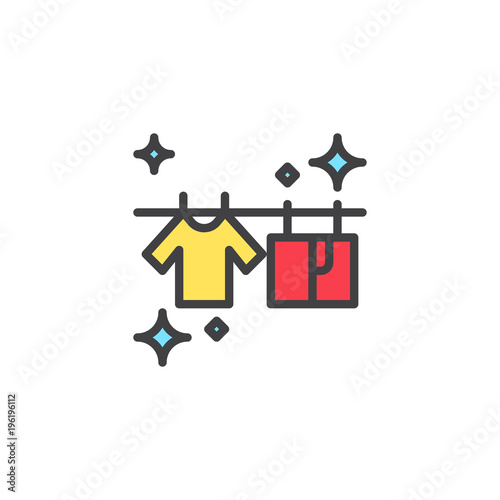 T-shirts hanging on a clothesline filled outline icon, line vector sign, linear colorful pictogram isolated on white. Dried clean laundry symbol, logo illustration. Pixel perfect vector graphics