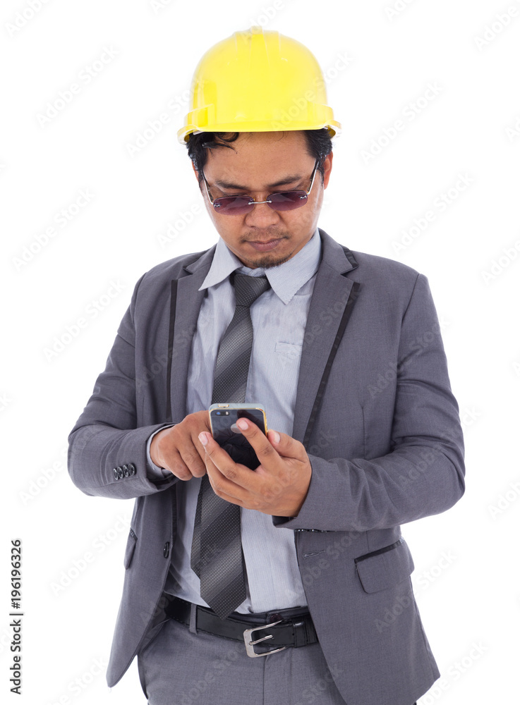 engineer using mobile phone isolated on white background engineer using mobile phone isolated on white background