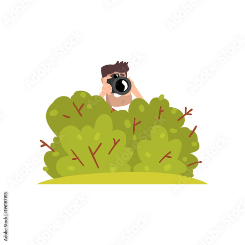 Professional male photographer paparazzi with camera sitting in ambush and making sensational shot vector Illustration on a white background