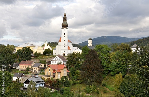 church and city Branna, landscape Jeseniky, Czech republic, Europe