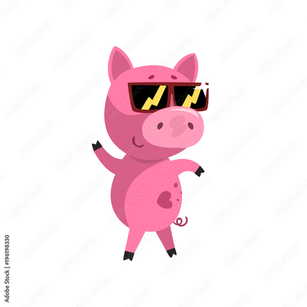 Pink funny cartoon baby piglet in sunglasses, cute little piggy character vector Illustration on a white background