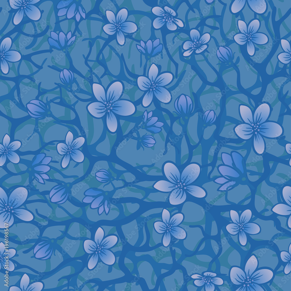 Vector seamless background with sakura blossoms, brunches and foliage. Eps outlined illustration in shades of blue.