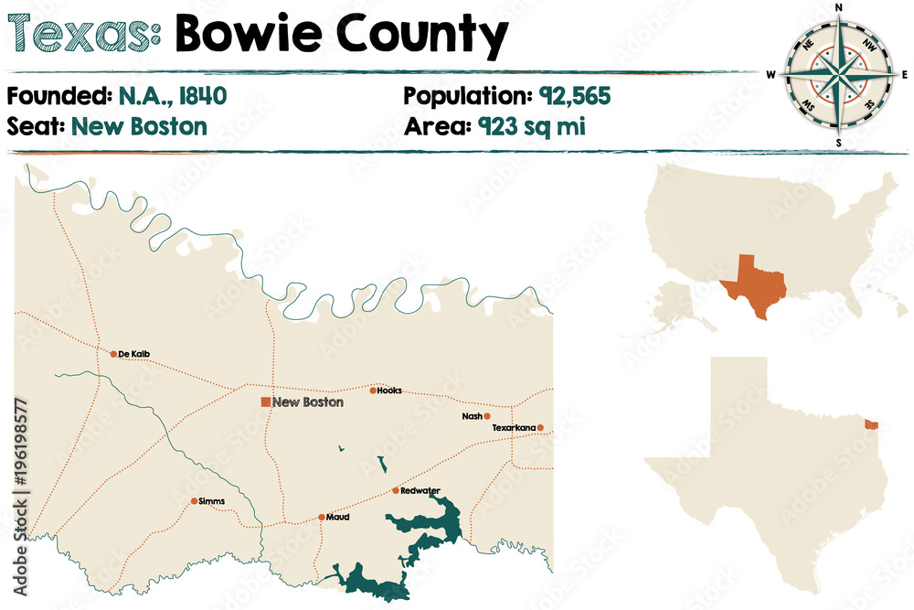 Detailed map of Bowie county in Texas, USA