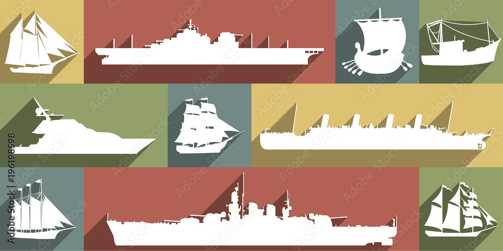 Large and detailed icon set of different ships