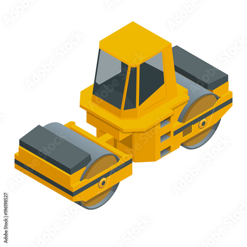 Isometric Asphalt Paver of orange color rolls black asphalt for a road. Road Rollers under the white background. Construction and road work.