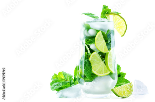 Mojito coctail  with fresh mint leaves and lime slice photo