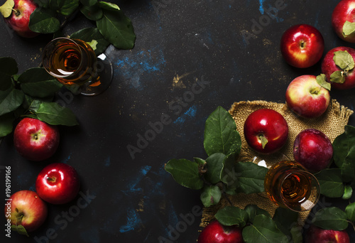 French apple brandy, dark background, top view