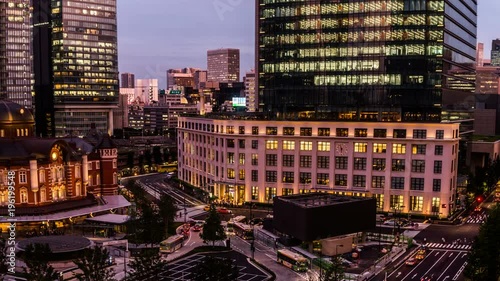From dusk to evening, the stunning view of Tokyo station, Japan photo