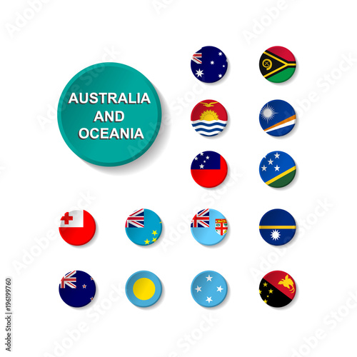 Set of round icons flags of countries of Australia and Oceania with shadow.