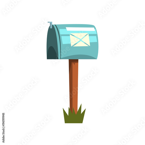 Cartoon illustration of metallic mailbox on wooden pole. Icon of blue closed postbox standing on piece of green grass. Side view. Colorful flat vector icon