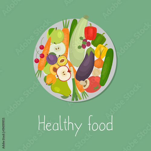 Healthy food. Plate with vegetables and fruits on a green background. There are carrots, cucumber, tomato, eggplant, zucchini, apple, pear, cherries and other products in the picture. Vector image.