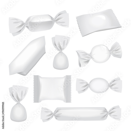White foil pack for candies and other products, realistic food snack pack mock up