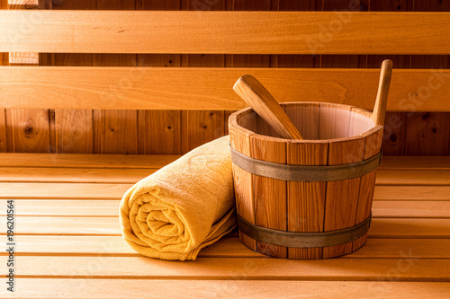 Finnish Wooden Sauna Bucket, Ladle and Towel