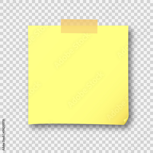 Empty yellow post note paper sheet sticker. Vector post office memo or remember yellow notepaper sticky with shadow isolated on a transparent background