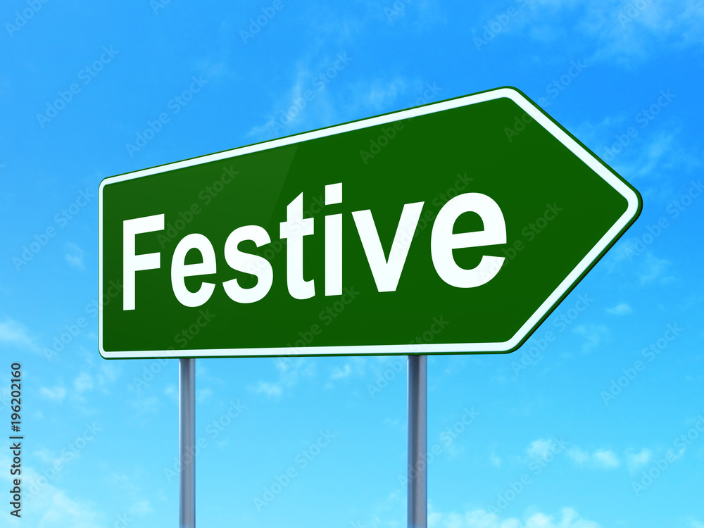 Holiday concept: Festive on green road highway sign, clear blue sky background, 3D rendering Holiday concept: Festive on green road highway sign, clear blue sky background, 3D rendering