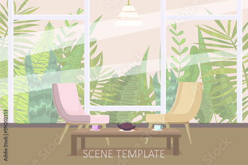Interior template design of residential or living rooms with armchairs and a tea table on the background of window tropical plants and leaves, cartoon style, isolated, vector, illustration