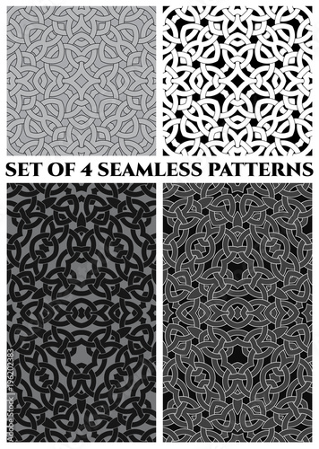 Celtic knot seamless patterns of black, gray, and white shades