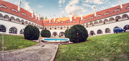 Courtyard of Topolcianky castle, Slovakia, red filter photo