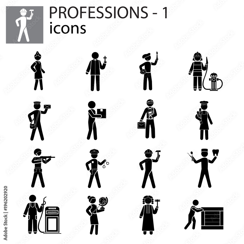 Professions icons set black on white background Professions icons set black on white background