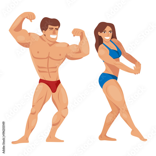 Bodybuilders characters muscular bearded man illustration set fitness models posing bodybuilding vector illustration.