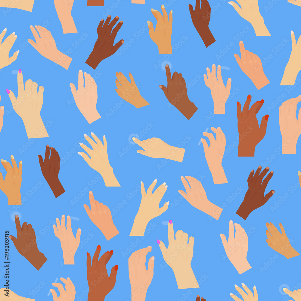 Fototapeta premium Human vector hand press button arm finger control push pointer cursor target gesture internet human body part different colors hands seamless pattern illustration