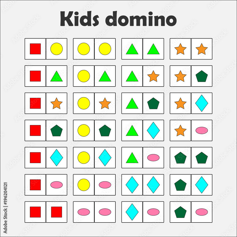 Domino game with pictures (geometric shapes) for children, fun education game for kids, preschool activity, task for the development of thinking, vector illustration Domino game with pictures (geometric shapes) for children, fun education game for kids, preschool activity, task for the development of thinking, vector illustration