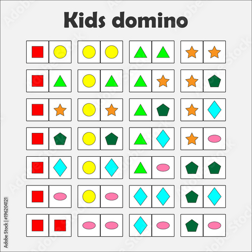 Domino game with pictures (geometric shapes) for children, fun education game for kids, preschool  activity, task for the development of thinking, vector illustration