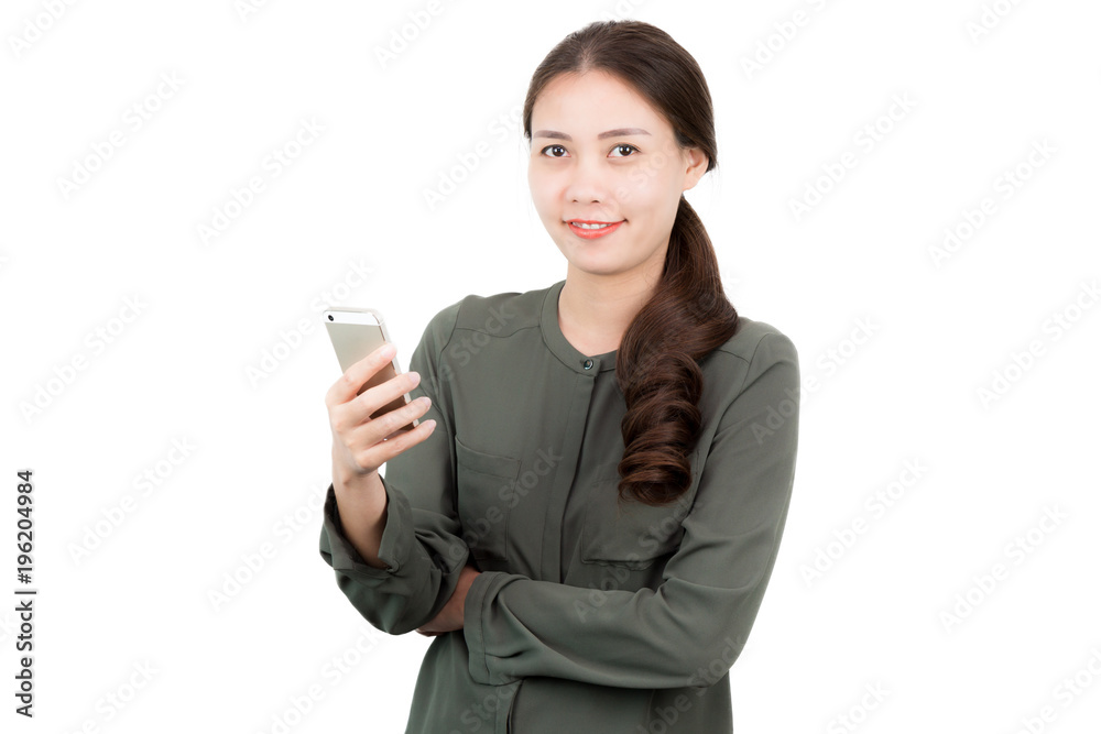 Portrait of a Attractive young Asian working woman with smiling, happy face and using a smartphone isolated on white background. Portrait of a Attractive young Asian working woman with smiling, happy face and using a smartphone isolated on white background.