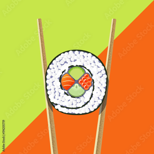 Sushi roll with chopsticks on the bright background