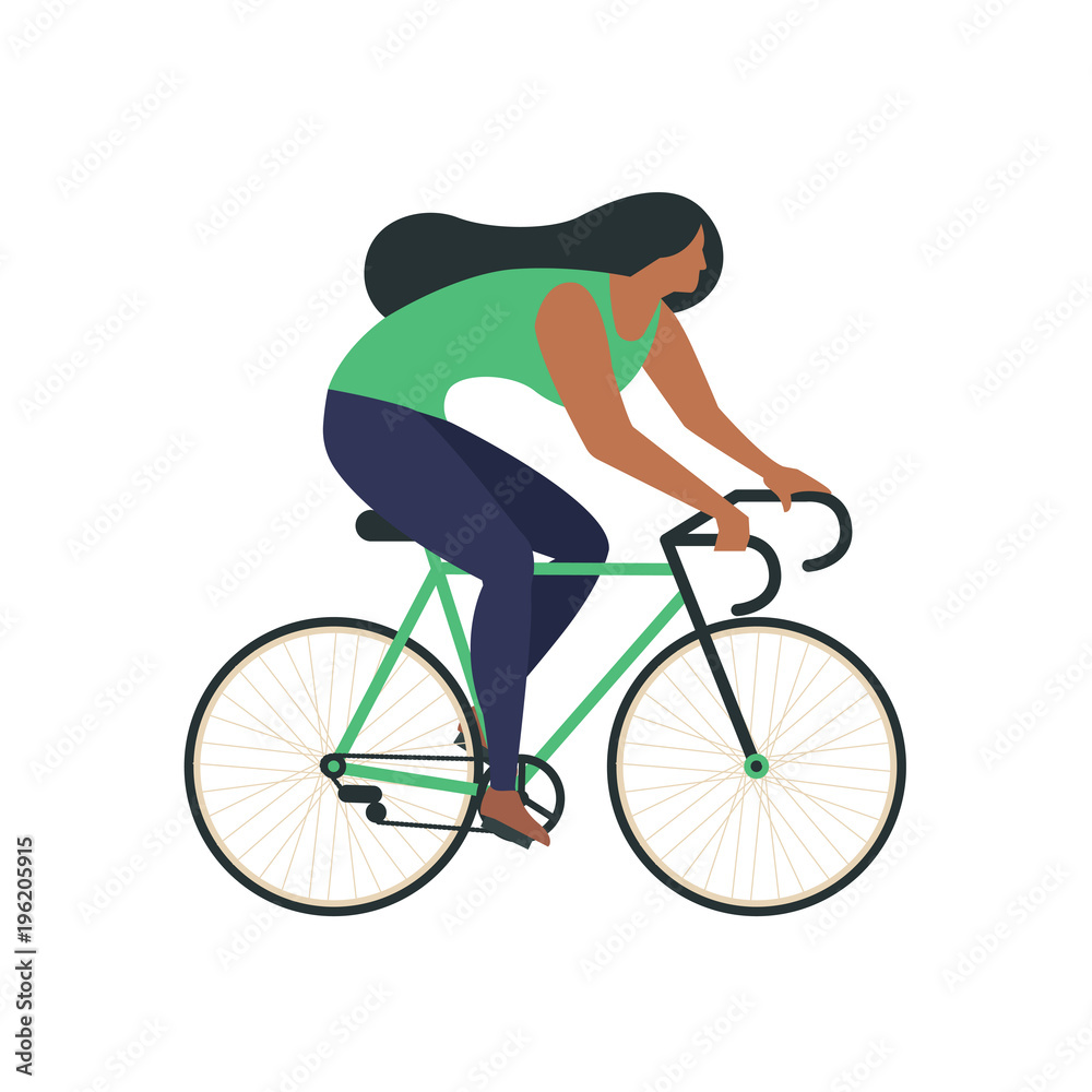 Obraz premium Cool vector character design on adult young man and woman riding bicycles. Stylish male and female hipsters on bicycle, side view, isolated.
