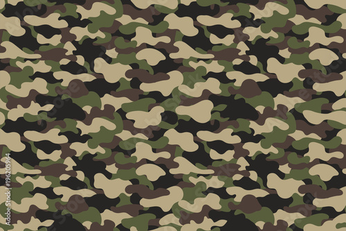 Camouflage seamless pattern. Military clothing texture background with green and brown foliage. Army style camouflage print fo textile industry